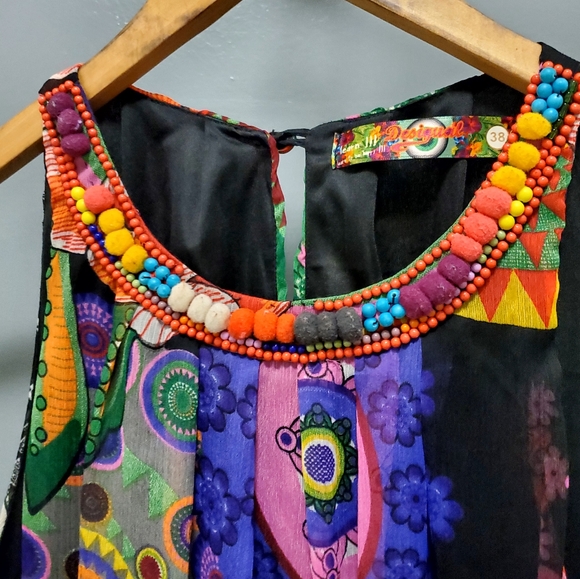 Desigual Aya Multi Coloured Sleeveless Beaded Dress Size Medium Or 38 - Picture 3 of 8